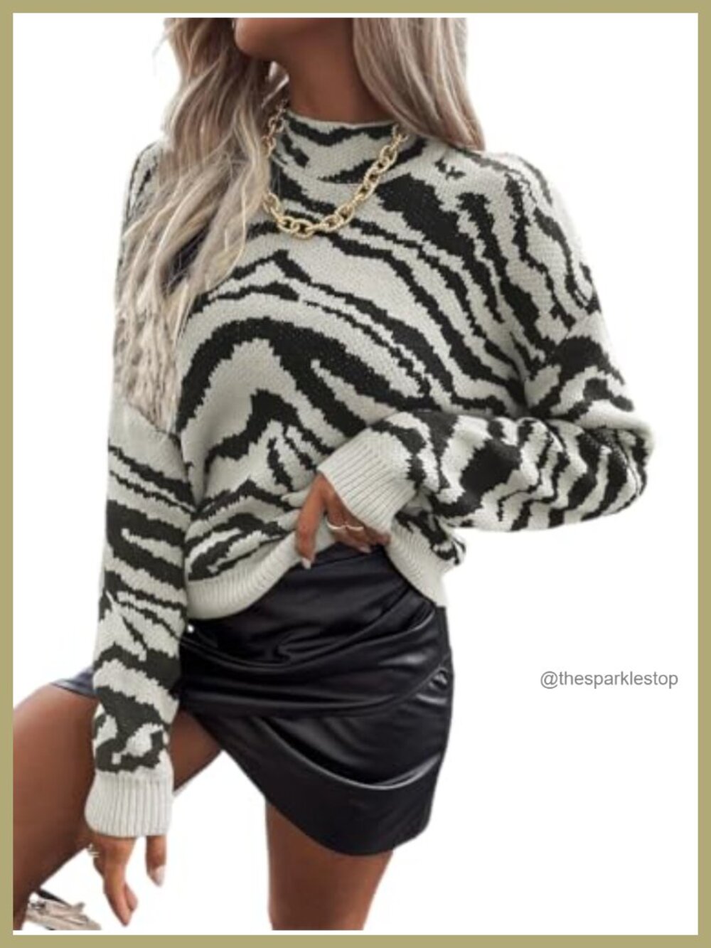 Mock Neck Zebra Stripe Pullover Sweater Drop Shoulder Rib-Knit